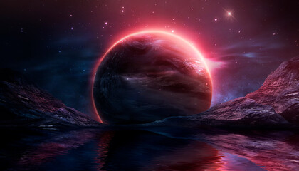 Futuristic fantasy landscape, sci-fi landscape with planet, neon light, cold planet. Galaxy, unknown planet. Dark natural scene with light reflection in water. Neon space galaxy.  © MiaStendal