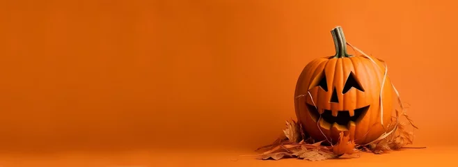 Sierkussen Real Jack O Lantern for halloween on orange background - generative ai © Fox_Dsign