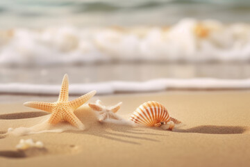 Fototapeta na wymiar Starfish and seashells on tropical beach background. Summer vacation and nature concept. Generative ai.