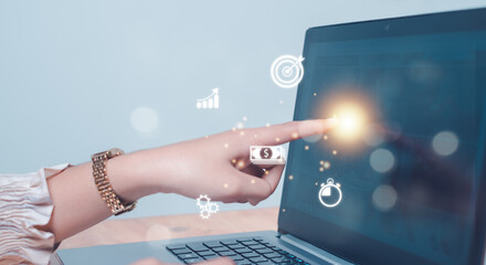 Hand touching infographic cloud computing and technology icons,Lifestyle center and information such as banking services, finance, stock market, over the internet.