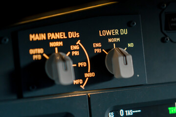 A detailed shot of the control and navigation panel in the cockpit of a Boeing 737 Flight Simulator...