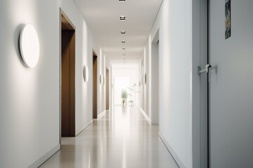 A bright and clean hallway with white walls and flooring. Generative AI