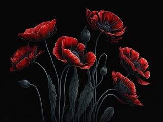 Red poppies in a watercolor style on a black dramatic plain background, space for text. Illustration generated by AI