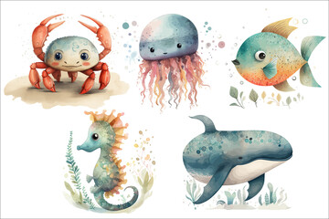 Safari Animal set seahorse, fish, jellyfish, crab, whale in 3d style. Isolated . Generative AI