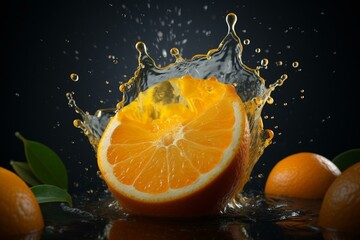 Fototapeta na wymiar Orange fruit with refreshing orange juice splashing out. Generative AI