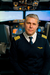 Portrait of smiling airplane captain in uniform preparing for flight in aero simulator cockpit
