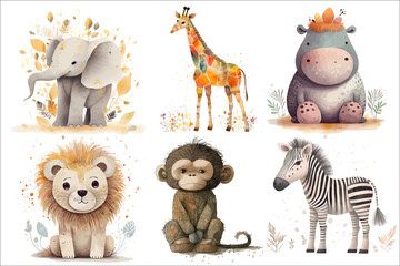 Safari Animal set lion, hippopotamus, zebra, giraffe, elephant, monkey in 3d style. Isolated . Generative AI