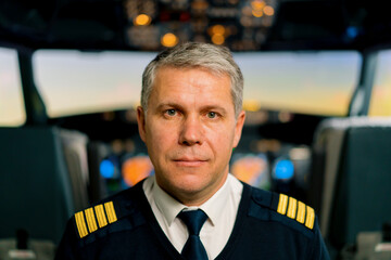 Portrait of smiling airplane captain in uniform preparing for flight in aero simulator cockpit © Guys Who Shoot