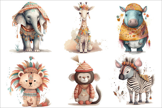 Safari Animal set hippopotamus, lion, giraffe, elephant, zebra and monkey dressed as an Indian in 3d style. . Generative AI