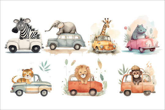 Safari Animal set lion, hippopotamus, tiger, zebra, giraffe, elephant, monkey by car in 3d style. Isolated . Generative AI