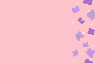 Pink background with blue violet flower banner vector Illustration. Birthday, anniversary, party, wedding, love, valentines.