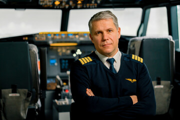 Portrait of serious airplane captain in uniform preparing for flight in aero simulator cockpit