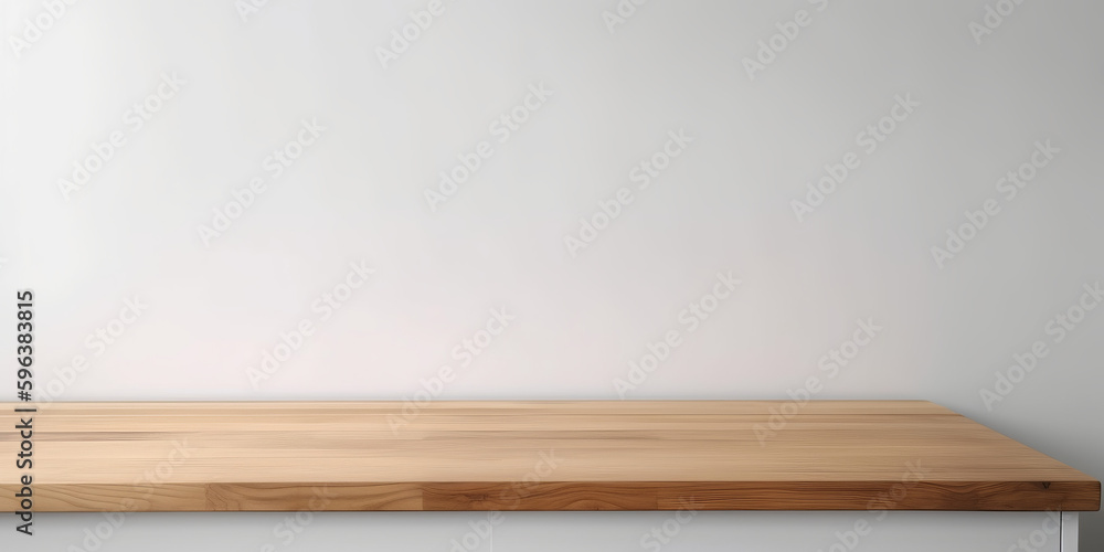 Poster a blank empty wooden table top for product placement. generative ai