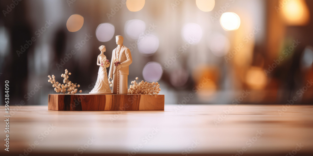 Poster empty wooden counter table top for product display with a wedding couple. generative ai