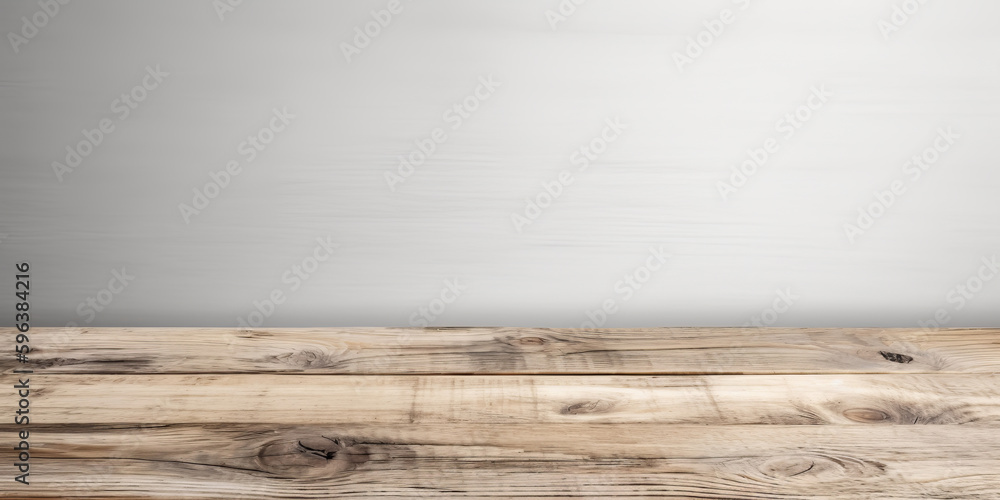 Poster a blank empty wooden table top for product placement. generative ai