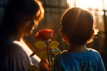 Kind schenkt Mutter eine Rose zum Muttertag im Gegenlicht. KI generierter Inhalt.
