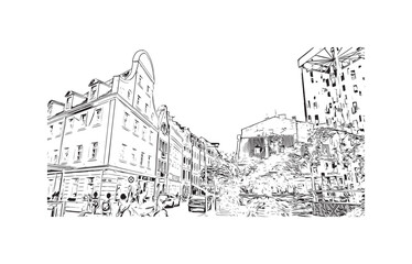 Building view with landmark of Riga is the capital of Latvia. Hand drawn sketch illustration in vector.