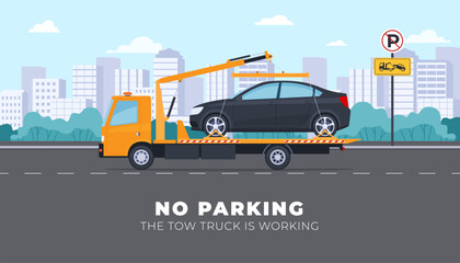 The tow truck transports the car. Improper car parking and evacuation to the penalty area. Vector illustration