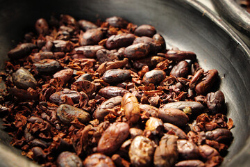 Cacao beans after the toasting process. Chocolate - Cocoa Beans. 