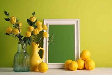 Still life with yellow lemons and a vase with lemons.White frame with empty green space inside against a yellow wall.   Generative AI