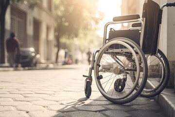 Empty wheelchair on the street. A mobile device for the disabled. Generative AI