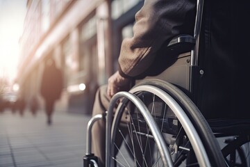 Man in a wheelchair on the street, close-up. Generative AI - obrazy, fototapety, plakaty