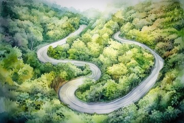 Winding road in the forest, watercolor illustration. Generative AI