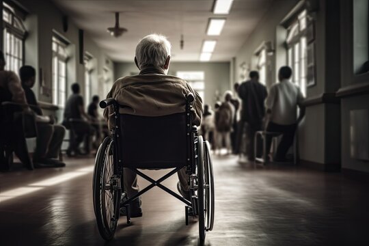 An old man in a wheelchair, rear view. Generative AI