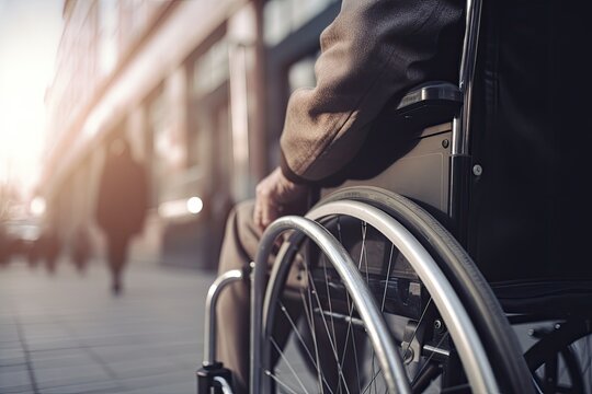 Man in a wheelchair on the street, close-up. Generative AI