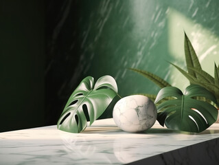 Fototapeta na wymiar Minimal, modern white marble stone counter table, tropical monstera plant tree in sunlight on green wall background for luxury fresh organic cosmetic, skin care, beauty treatment product display 3D