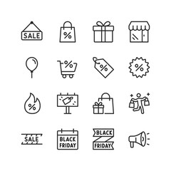 Black Friday, linear style icons set. Sale Day. Big discount and gift for customers. Savings on shopping, marketing. Editable stroke width