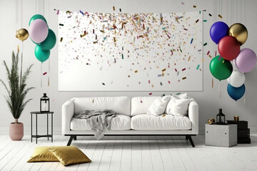 modern living room with balloons made with generative ai