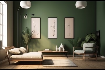 Green Living Room Interior Design Created with Generative AI