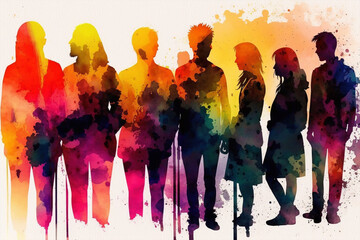 Naklejka premium group of people in abstract watercolor made with generative ai