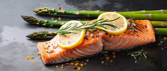 grilled salmon with asparagus, lemon and rosemary , Generative AI	
