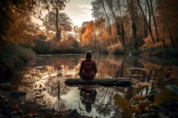 Naklejka na ściany i meble woman meditating in a forest with a river in the background, generative ai