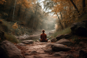 woman meditating in a forest with a river in the background, generative ai