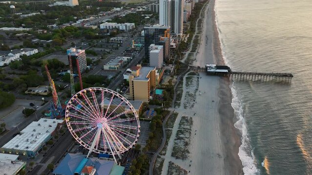 Aerial view of the Myrtle Beach fishing pier during a nice sunrise.