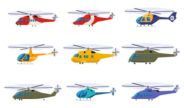 Helicopters of various types for specific tasks. Rescue, civil, military flying helicopters. Transport for transporting people by air. Vector illustration