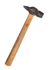 used cross peen hammer with wooden handle isolated on white background