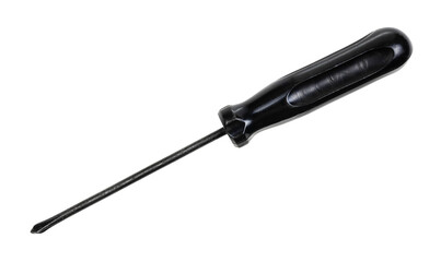 old black cross screwdriver with plastic handle isolated on white background