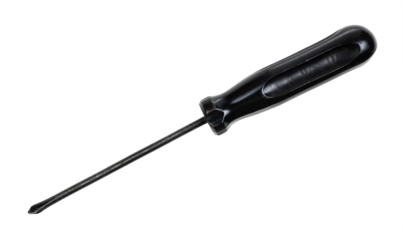 old black cross screwdriver with plastic handle isolated on white background