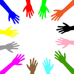 多種多様な価値観の人々が協力し合うグローバルなチーム。円陣、チームワーク、ビジネス、協力、仲間のコンセプトイラスト。