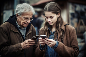Granddaughter teaches grandfather how to use a smartphone, generative ai - obrazy, fototapety, plakaty
