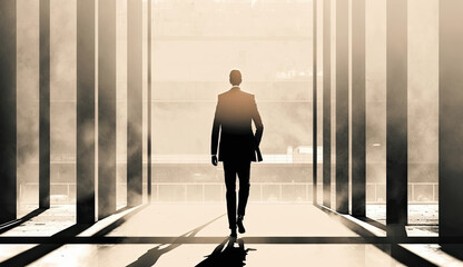 Fototapeta na wymiar Man in business attire walking through a light-filled opening