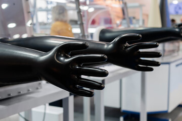 Two latex inflated gloves on medical equipment exhibition. Pharma industry, science, medicine, and...