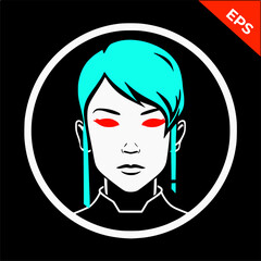 Girl elf, woman vector, blue color. Isolated vector sign symbol, red eyes