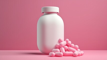 Ad for a minimally designed probiotic supplement. a three-dimensional composition of a pink gut model with a capsule and an enzyme ball.The Generative AI