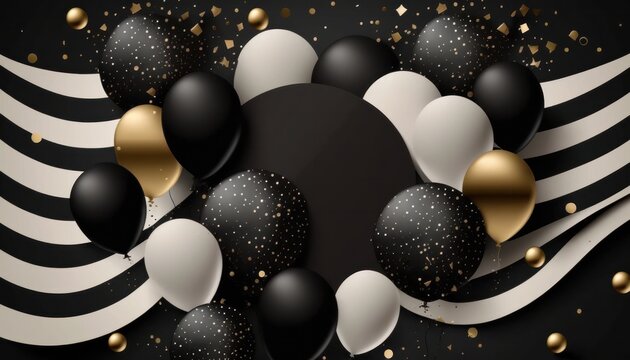 Background in black, golden and white of happy birthday or anniversary balloons and confetti generative ai