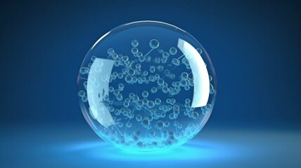 Fototapeta na wymiar On a blue background, a molecule inside a bubble represents a skin care cosmetics solution. rendering in 3D.The Generative AI